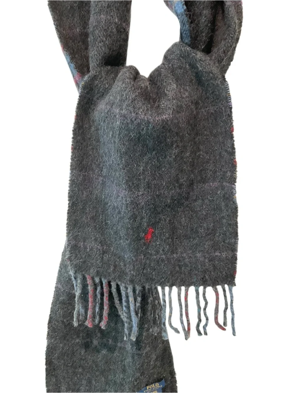 Polo Ralph Lauren Plaid Virgin Wool Reversible Fringe Scarf Italy 70x9